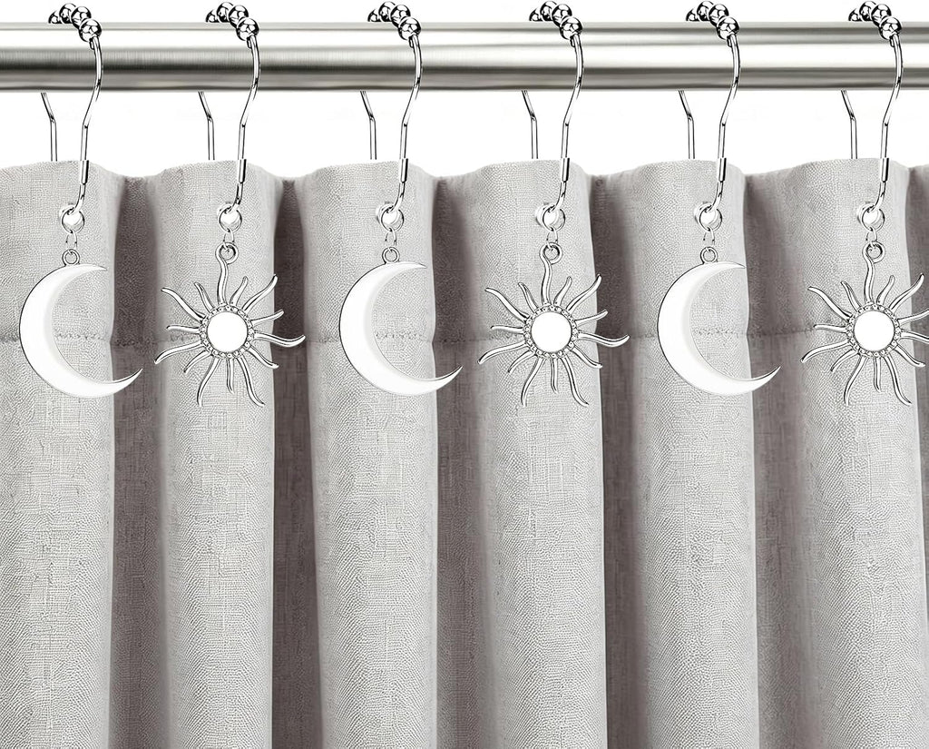 CHICTIE Boho Sun Moon Shower Curtain Hooks, Silver Celestial Decorative Shower Curtain Rings, Vintage Metal Sun & Crescent Moon Hooks Hangers for Bathroom Shower Curtain, Set of 12
