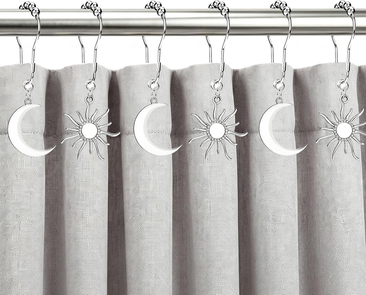 CHICTIE Boho Sun Moon Shower Curtain Hooks, Silver Celestial Decorative Shower Curtain Rings, Vintage Metal Sun & Crescent Moon Hooks Hangers for Bathroom Shower Curtain, Set of 12