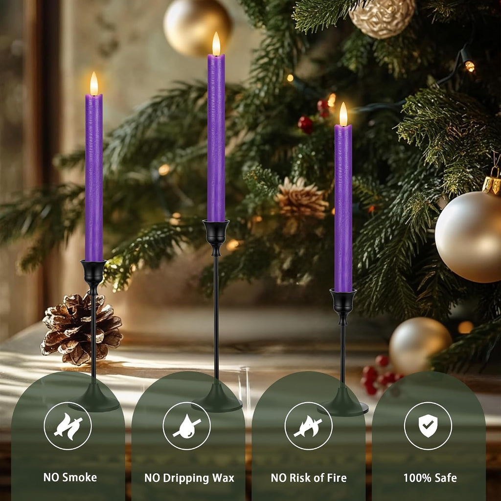 Purple LED Flameless Taper Candles, 6 Pack Real Wax Flickering Candlesticks with 10-Key Remote, Battery Operated Tall Taper Candles for Home, Wedding, and Party Decor
