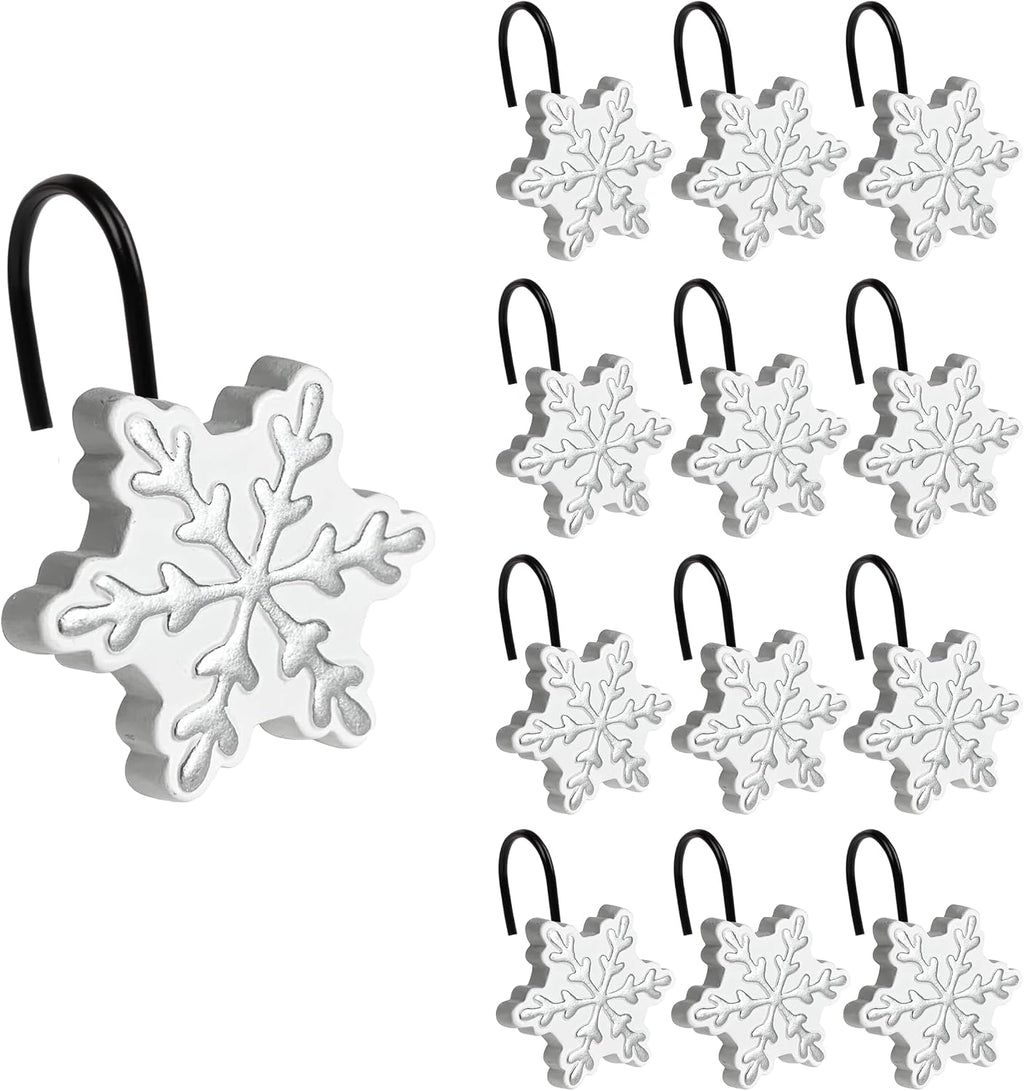 Sunlit Christmas Shower Curtain Hooks, Silver Snowflakes Shower Curtain Rings with Black Hooks, Resin, White Christmas Decor, Winter Bathroom Decoration, Set of 12