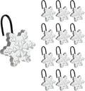 Sunlit Christmas Shower Curtain Hooks, Silver Snowflakes Shower Curtain Rings with Black Hooks, Resin, White Christmas Decor, Winter Bathroom Decoration, Set of 12