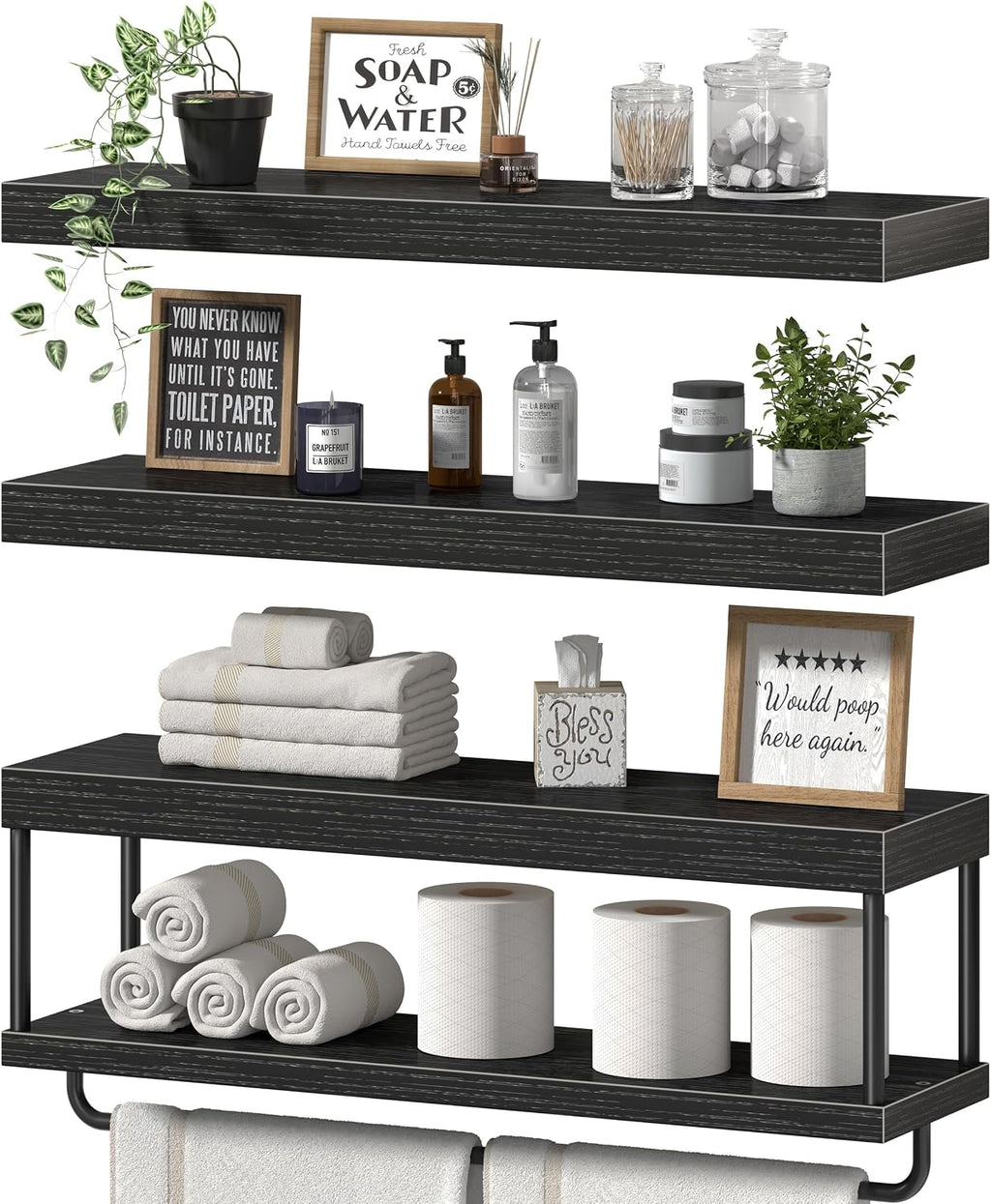 QEEIG Long Bathroom Floating Shelves Over Toilet (Black, Set of 3, 23.6")