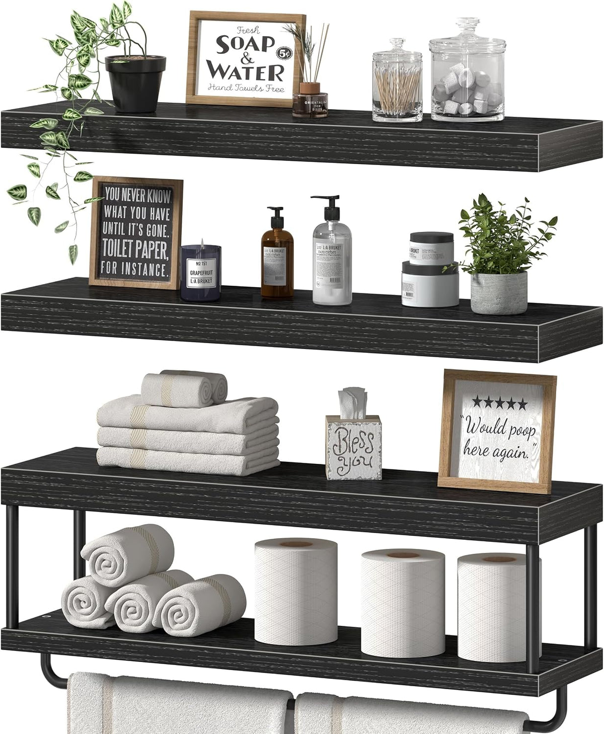 QEEIG Long Bathroom Floating Shelves Over Toilet (Black, Set of 3, 23.6")