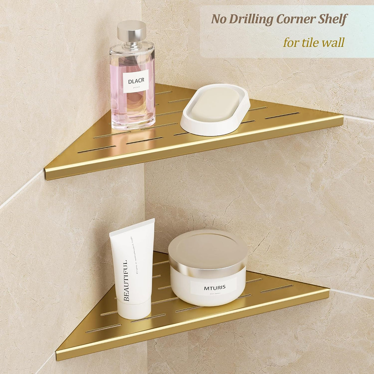 Neodrain 10 Inch Golden Corner Wall Shelf for Tile Wall Insert, Set of 2