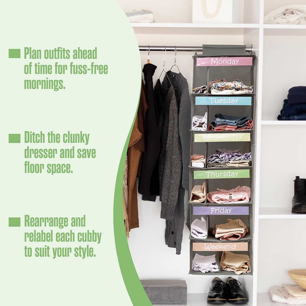Kids Clothes Organizer, Weekly Clothes Organizer for Kids, 6 Shelf, Grey