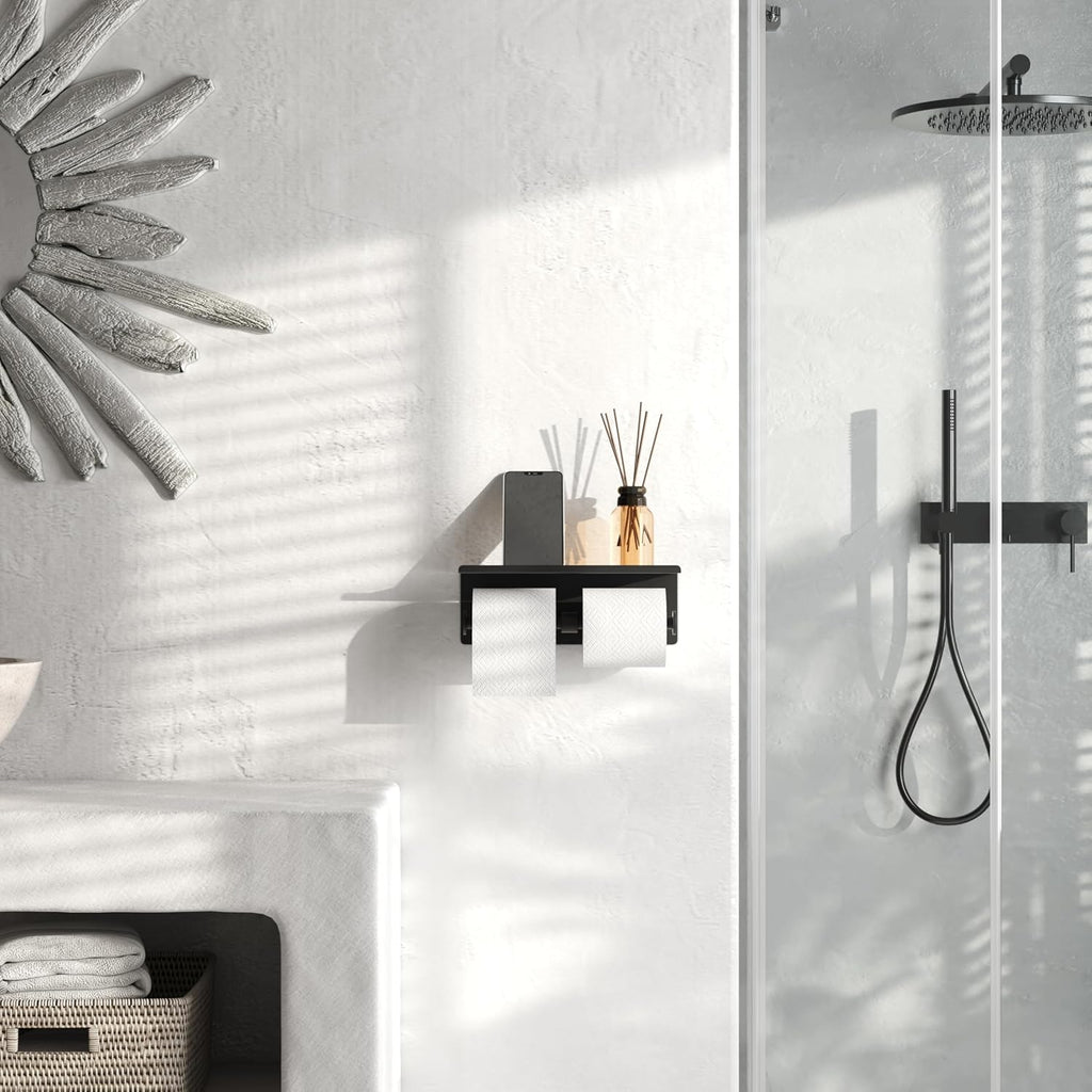 Self Adhesive Aluminum Waterproof Toilet Paper Holder with Shelf Black