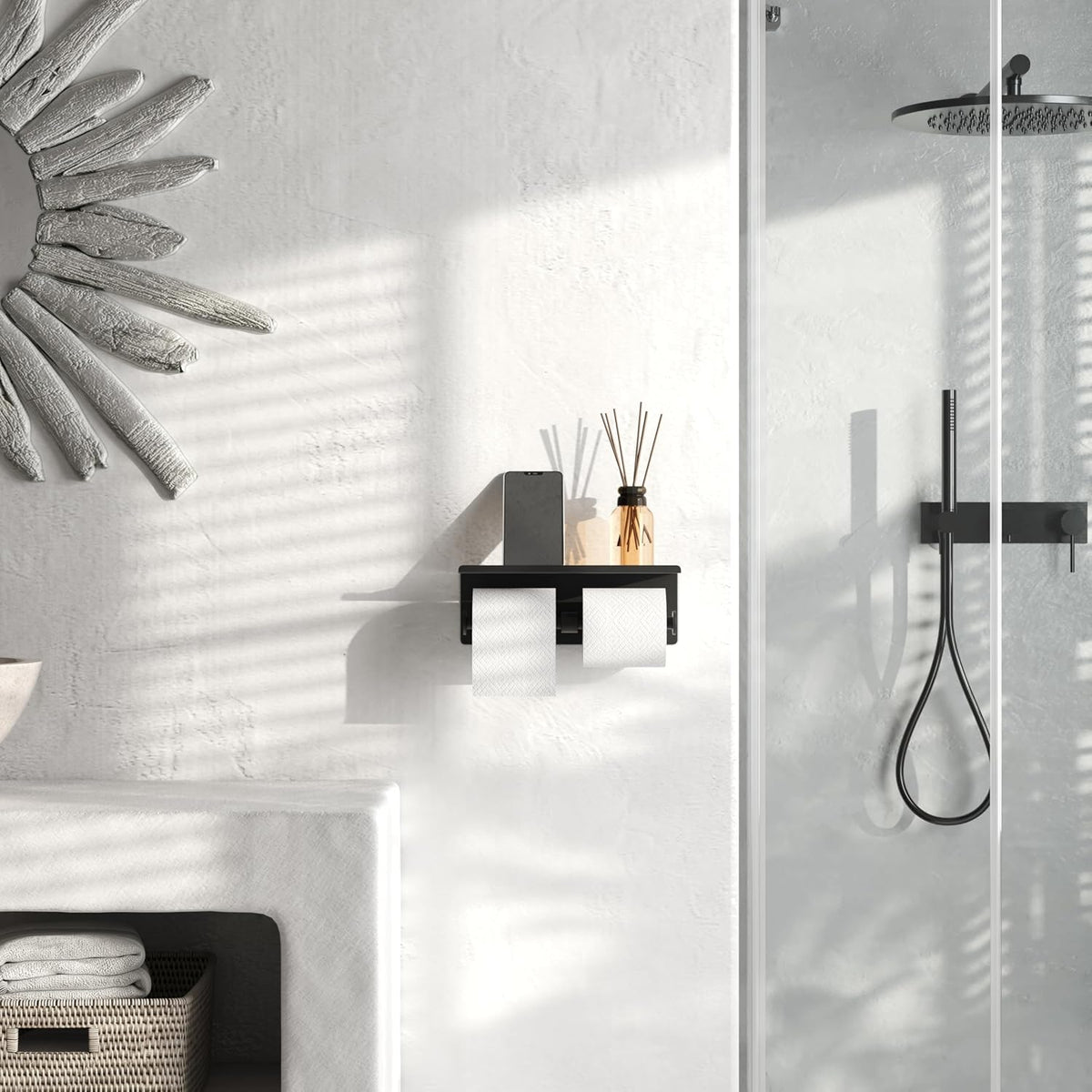 Self Adhesive Aluminum Waterproof Toilet Paper Holder with Shelf Black