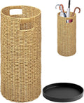 Rattan Umbrella Holder 21" H X 10" D, Handmade Wicker Umbrella Stand Indoor with Dip Tray, Sturdy Umbrella Holders for Entryway, Umbrella Bucket Fits Mudroom,Walking Canes,Home,Office (Oak)