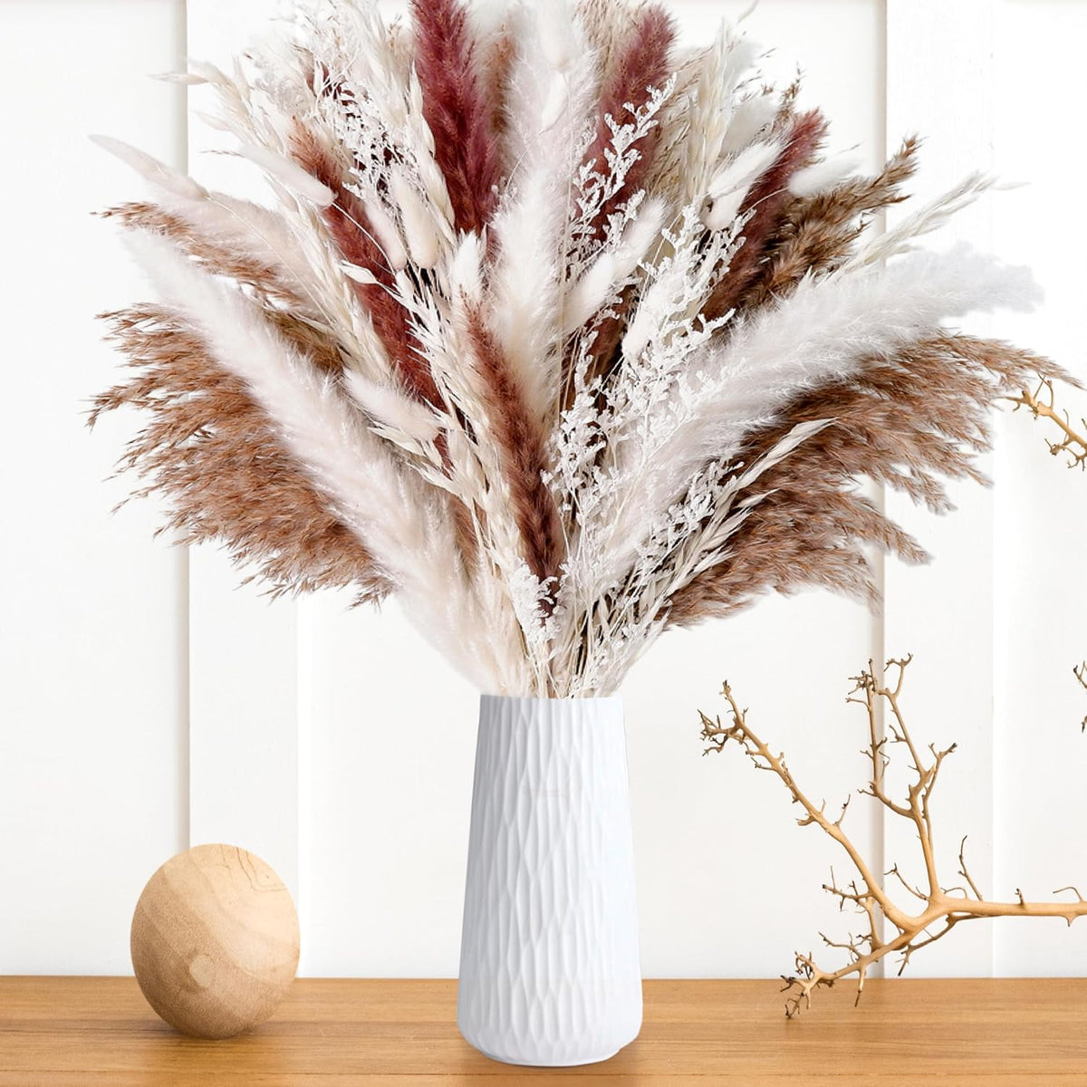 85PCS White Dried Pampas Grass Bouquet, Boho Home Decor Flowers