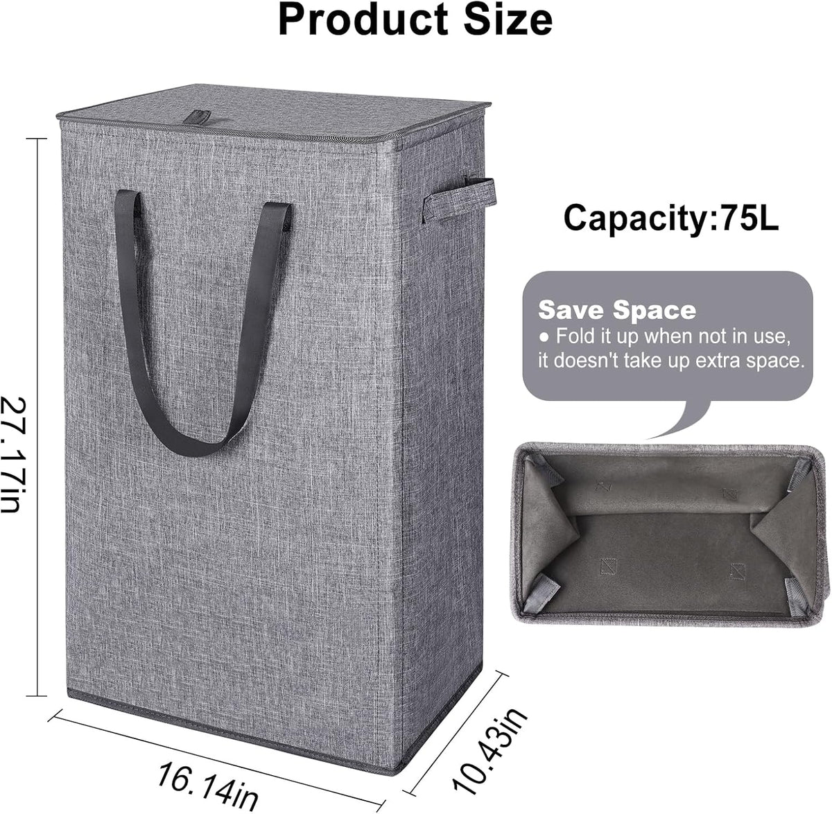 Odonata 75L Slim Laundry Hamper with Lid,Large Foldable Laundry Basket with Removable Bag and Handles Tall Collapsible Dirty Clothes Basket Great for Bedroom, Bathroom, Dorm, College,RV. (Grey, 75L)