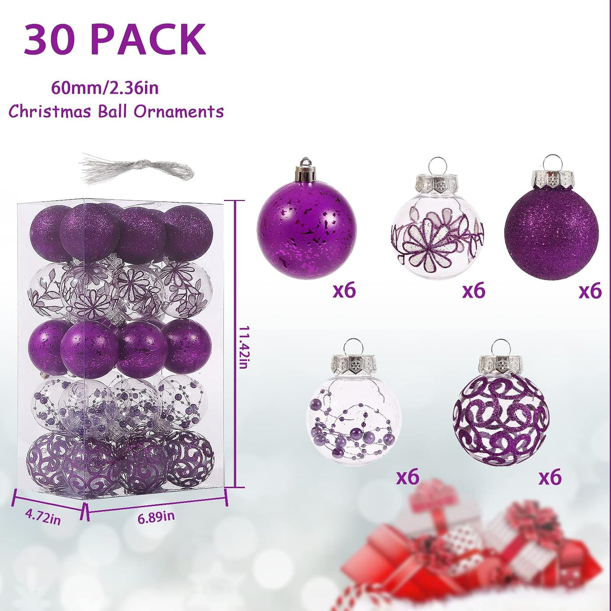 Clear Christmas Ornaments Set 30ct 2.36" Purple Shatterproof Christmas Ball