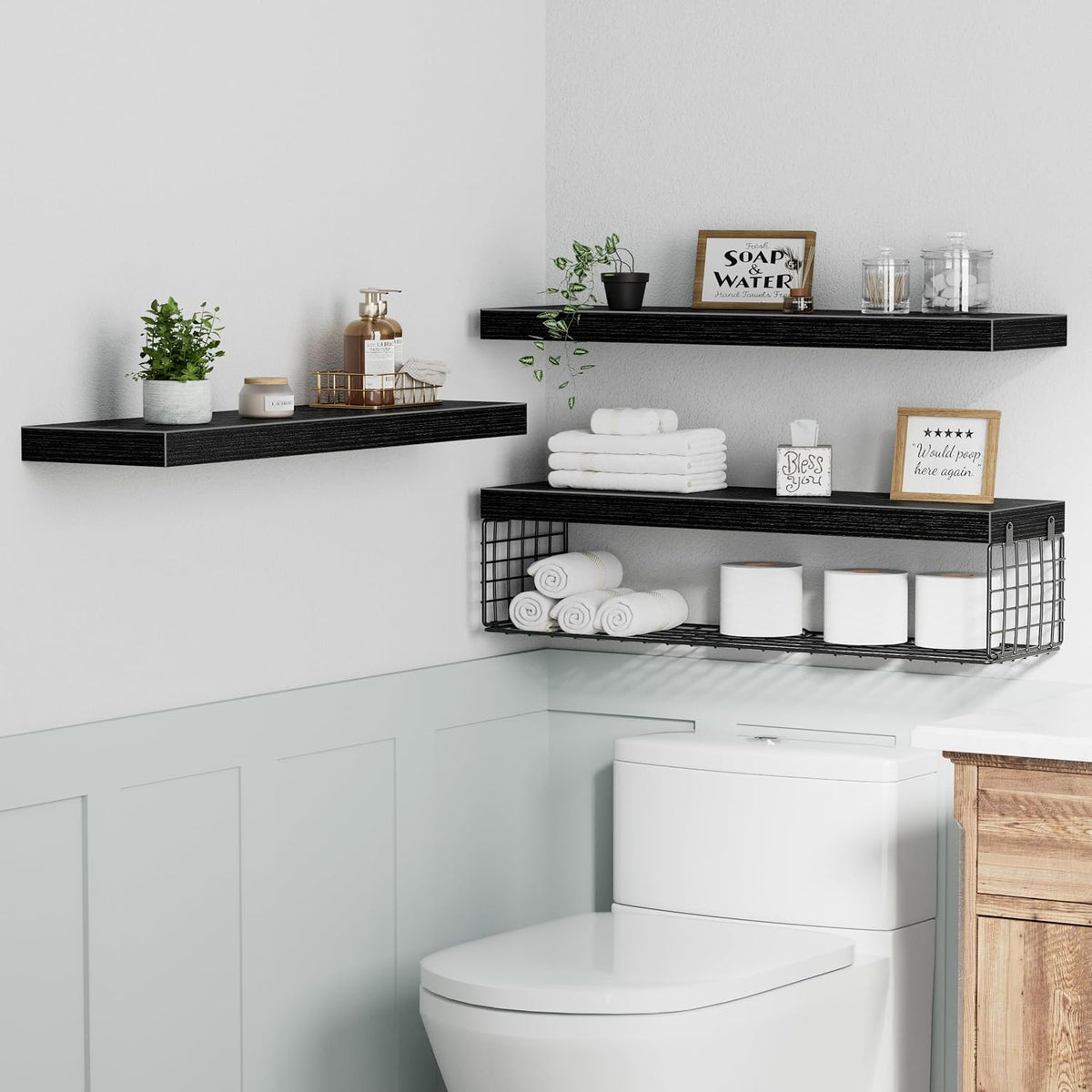 QEEIG Bathroom Shelves Over Toilet Wall Mounted (Black, Set of 3, 31.5")
