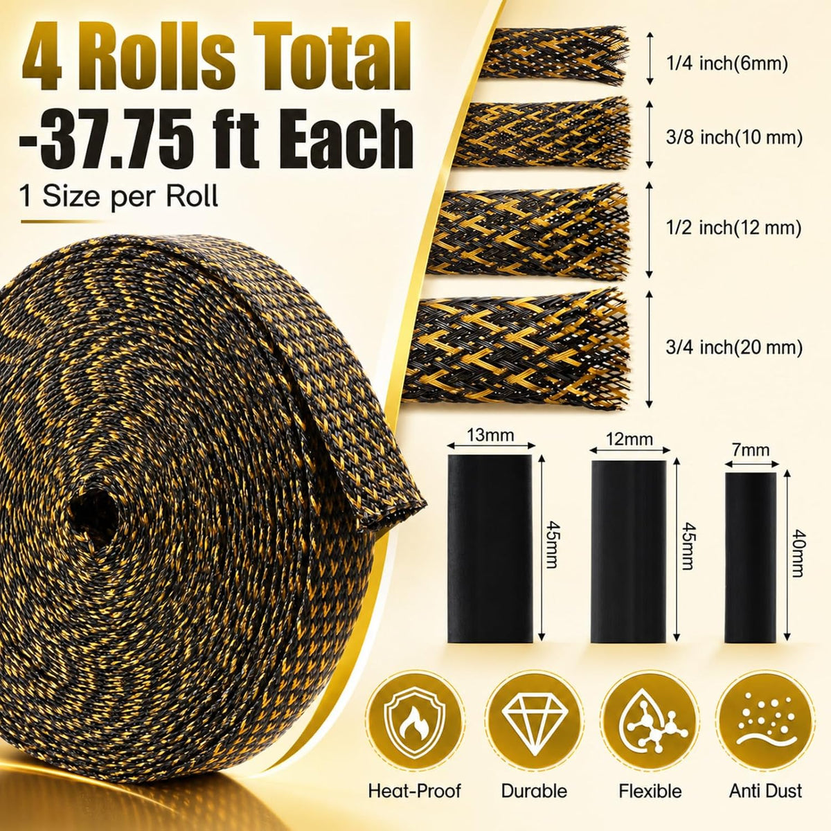 Tatuo 151 ft Braided Cable Sleeve Expandable Wire Sheathing(Gold, Black)