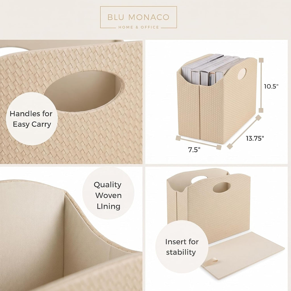 BLU MONACO Magazine Holder - Woven Leather Magazine Basket with Handles - Stylish Rack for Floor or Table - Perfect for Coffee Table, Side Table, Living Room, Reception Desk, or Bathroom (Pebble)