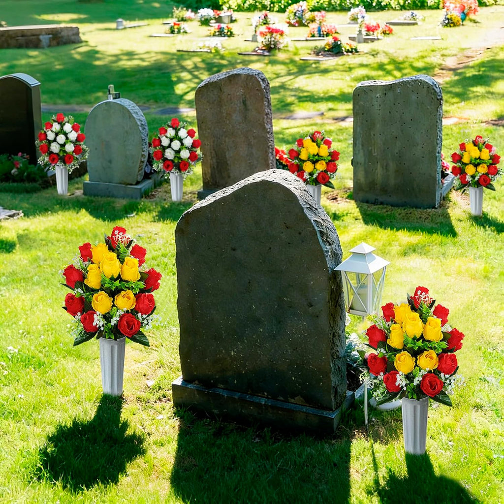 Set of 2 Artificial Cemetery Flowers with Vase, Artificial Grave Flowers Outdoor Memorial Rose Bouquets for Cemetery Headstone Graveyard Decor (Red Yellow)