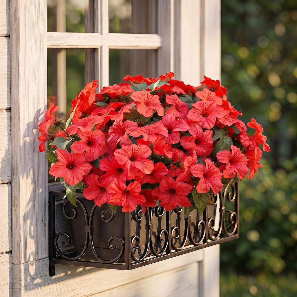 Artificial Fake Flowers Plants for Outdoor Decoration, 4PCS Faux Petunias Silk Flower UV Resistant No Fade for Home Outside Garden Balcony Yard Porch Realistic Indoor Decor (Red)