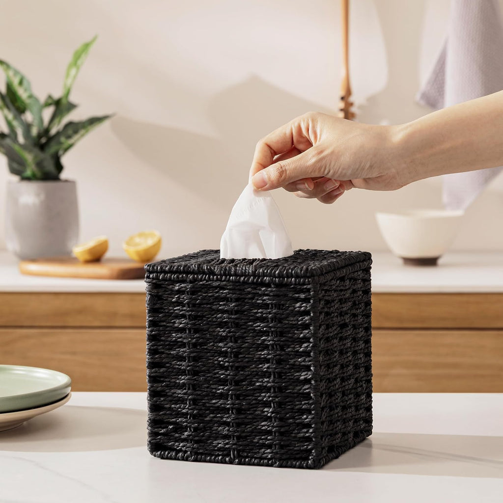 Black Tissue Box Cover, Hand Woven Square Tissue Box Holder