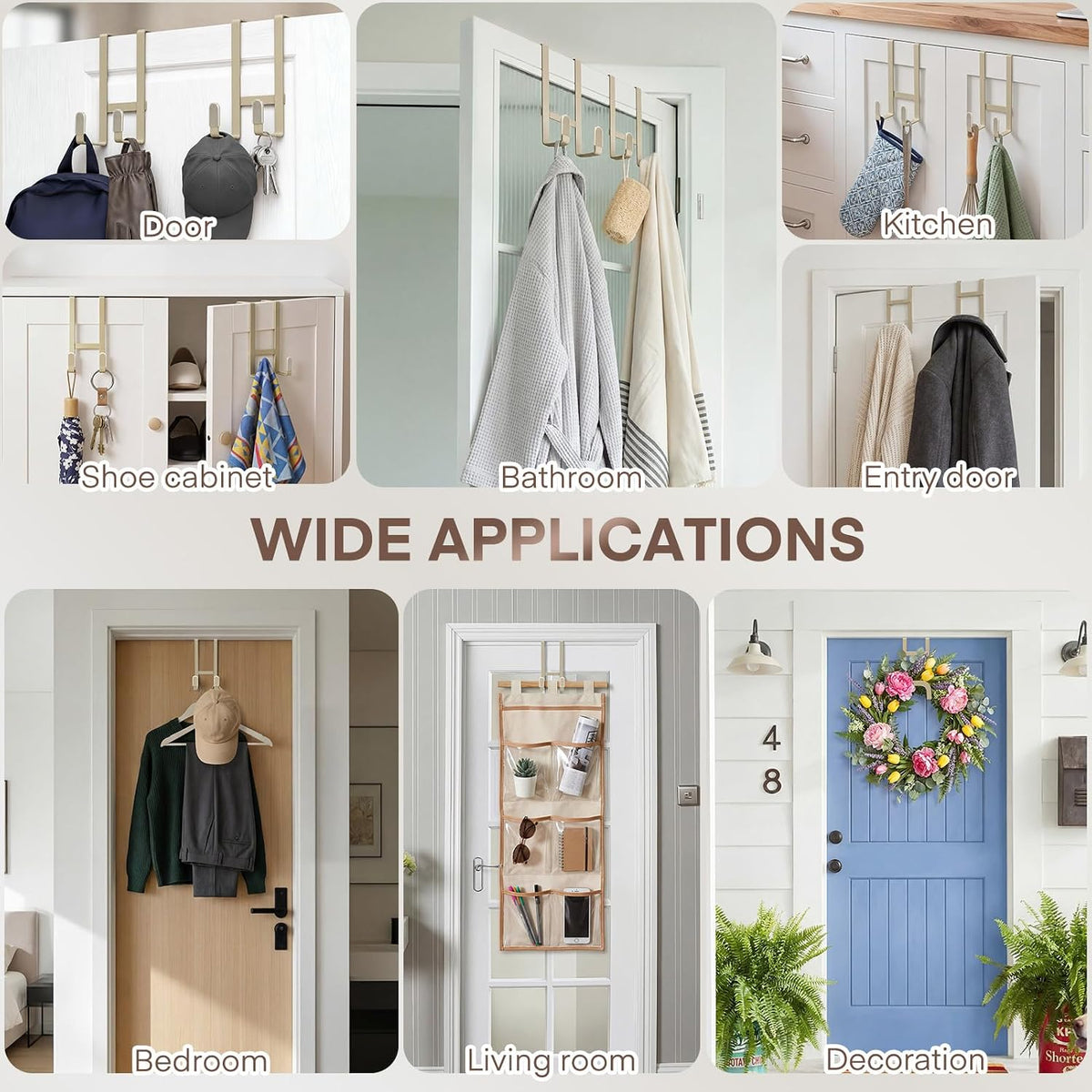FYY 2 Packs Over The Door Hooks, Heavy Duty Door Hanger Hook, No Drill Wall Hooks for Hanging Coat, Towel, Bag in Bathroom, Closet Fits Most Doors Up to 1-7/8" Thickness （Pale Brown）