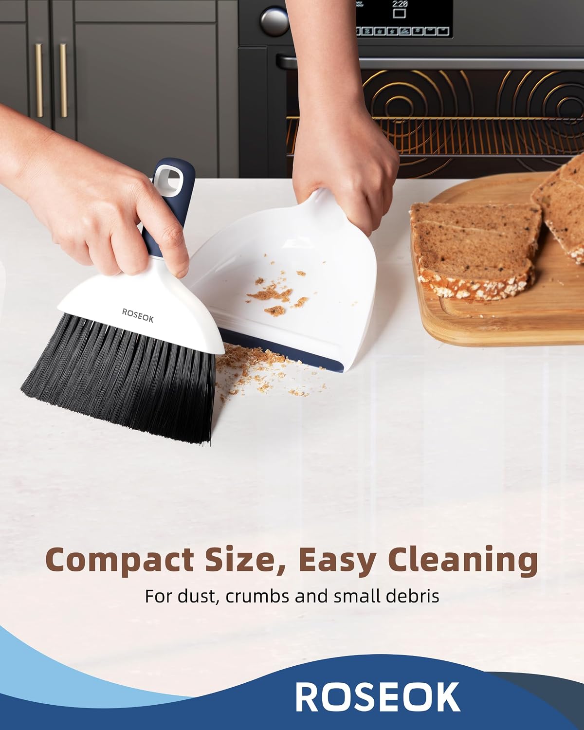 ROSEOK Mini Dustpan and Brush Set, Small Broom and Dust Pan, Navy Blue