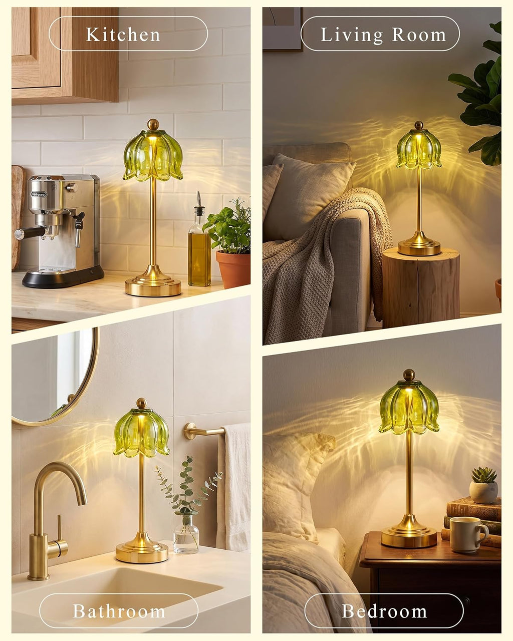 Set of 2 Vintage Cordless Green Glass Tulip Table Lamp