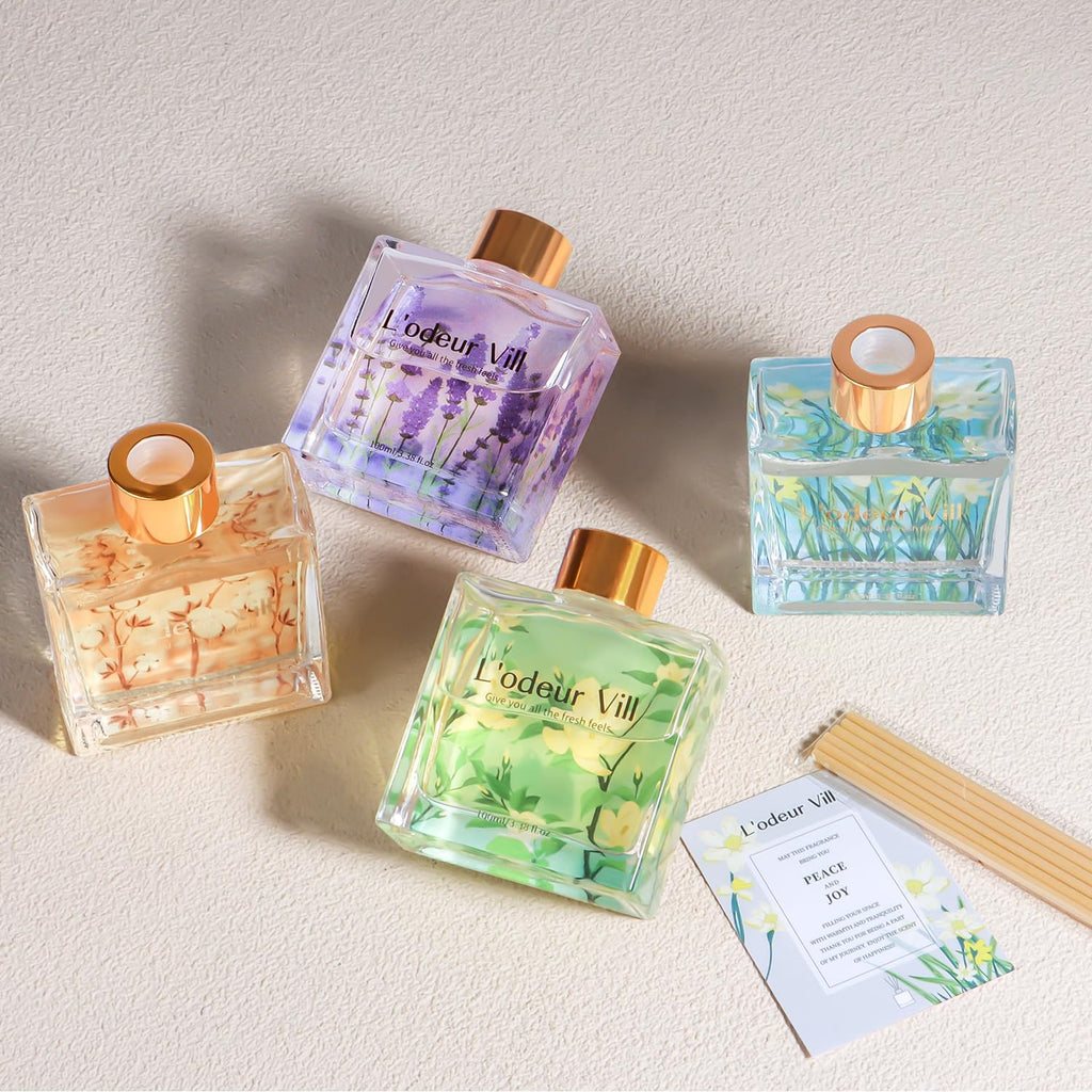 L'odeur Vill Reed Diffuser Set/Lavender Geranium/3.38 fl.oz（100ML）/1 Pack with 6 Reed Sticks/Home Fragrance Diffuser, Oil Scent Diffuser for Bathroom Shelf Decor.