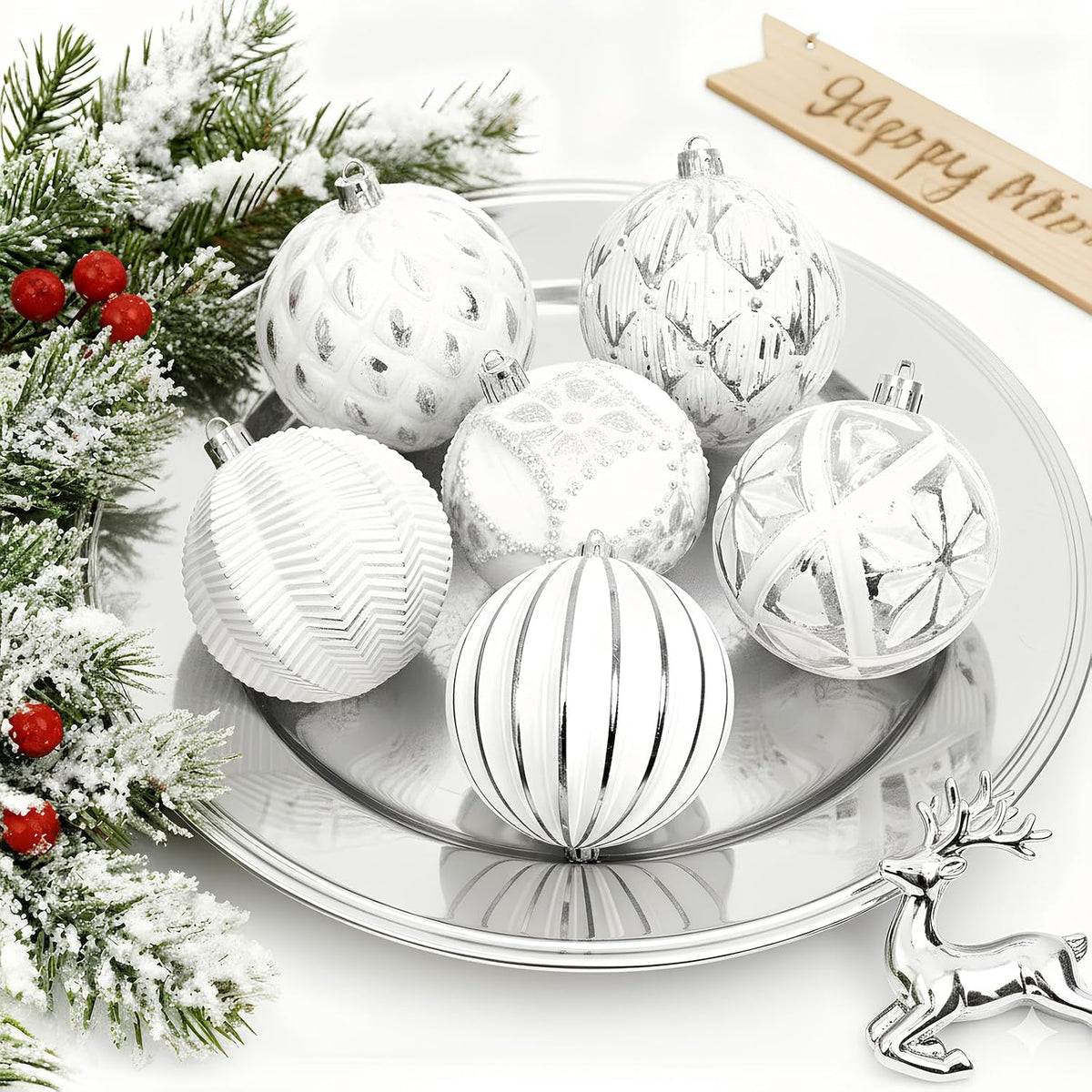 XmasExp Vintage Rustic Christmas Ball Ornaments Sets Neutral Christmas Ornaments Farmhouse Shatterproof Large Hanging Balls Tree Decorations for Xmas Xmas Home Party（Silver White, 12Pcs