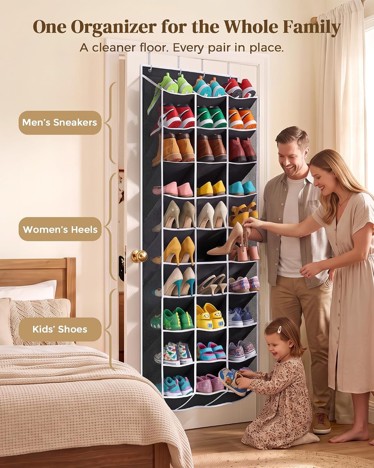 30-60 Pair Over Door Shoe Organizer, 26" Extra Wide Shoe Storage Rack Black
