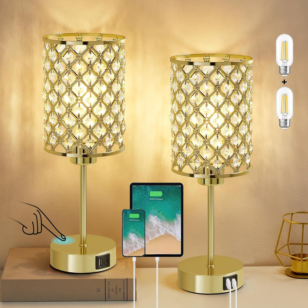 GyroVu Gold Crystal Bedside Table Lamps Set of 2 with USB C+A Ports