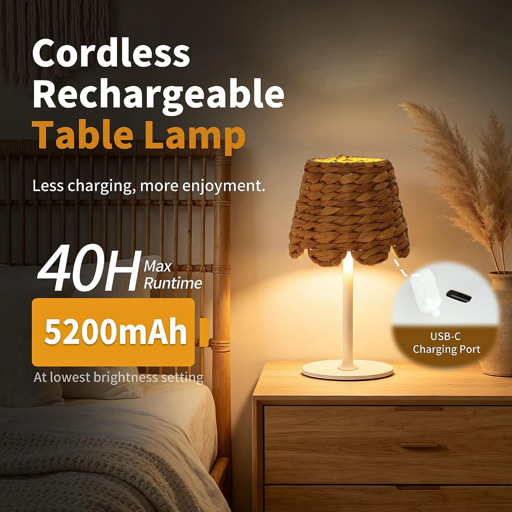 Cordless Rechargeable Table Lamp with Bohemian Wicker Water Hyacinth Lampshade, Battery Powered Top Touch Table Light with 3 Color Stepless Dimming for Patio Restaurant (White)