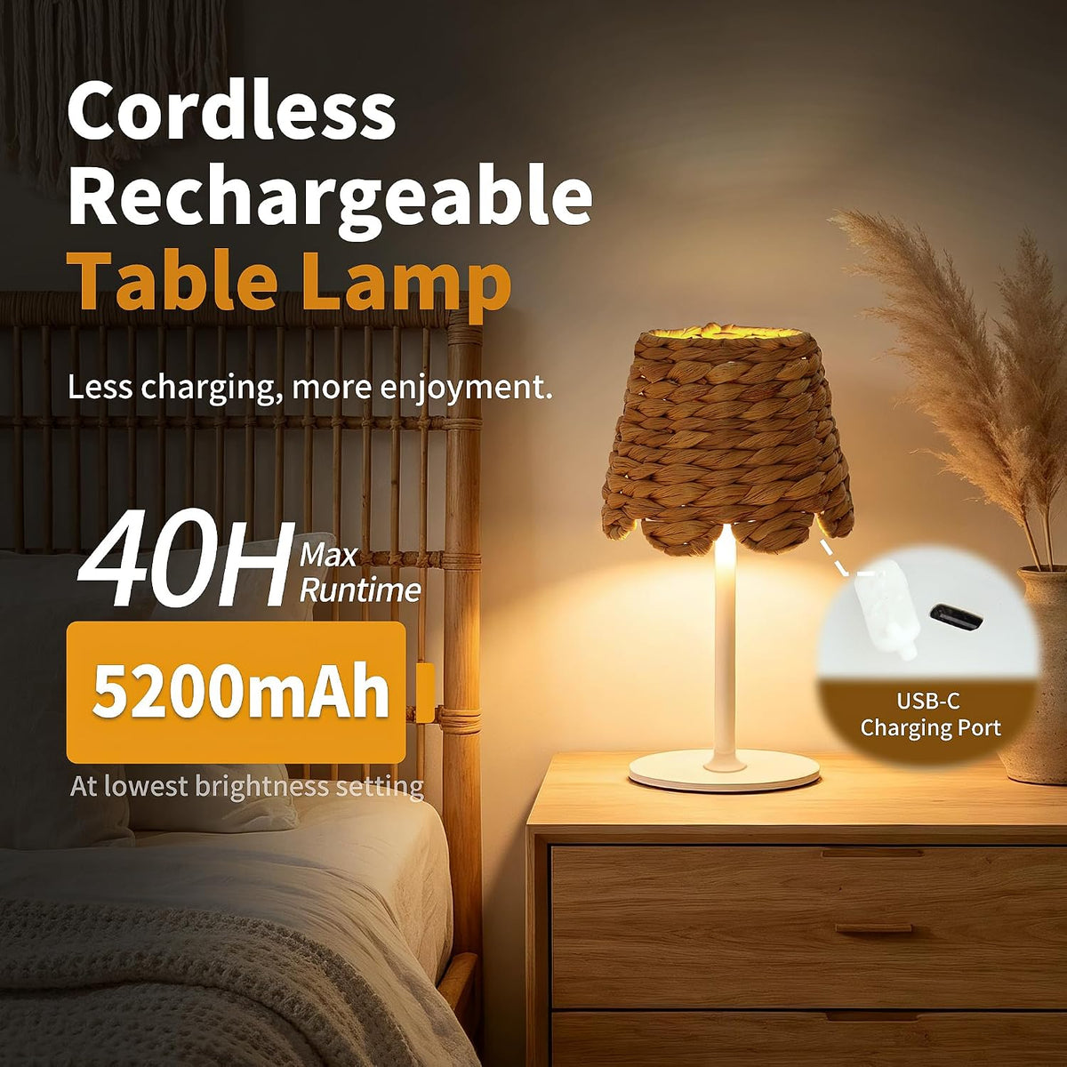 Cordless Rechargeable Table Lamp with Bohemian Wicker Water Hyacinth Lampshade, Battery Powered Top Touch Table Light with 3 Color Stepless Dimming for Patio Restaurant (White)