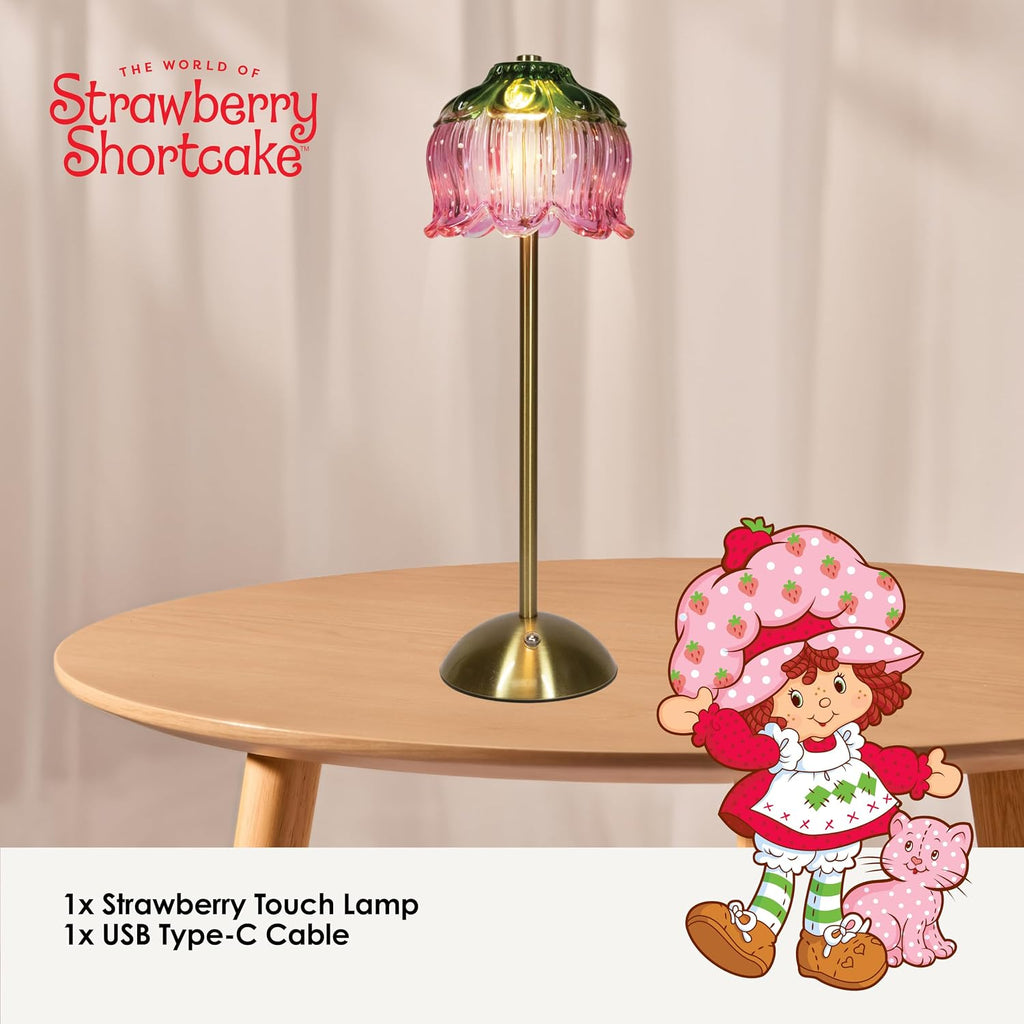 Strawberry Shortcake Touch Lamp- Pink Glass Strawberry Shade, USB-C Rechargeable, 3 Dimmable Light Temperatures, LED Desk Lamp, Brush Brass Base & Pole, Cute Décor for Girls' Bedroom (Pink)