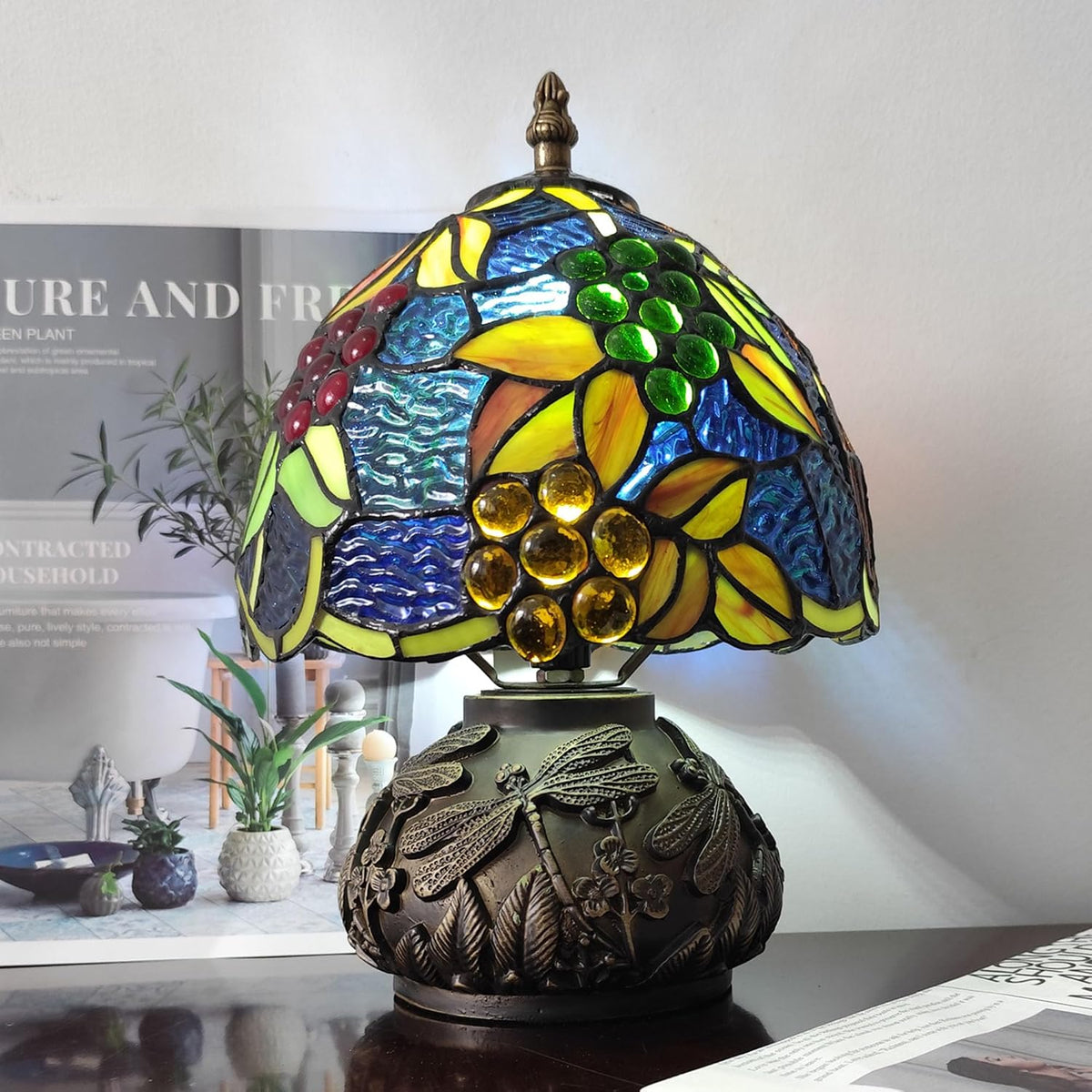 Tiffany Lamp Grapes Beads Stained Glass Style Bedside Reading Table Lamp Village Bedroom Nightstand Light 19inch Tall Office Home Decor Retro Unique Accent Light