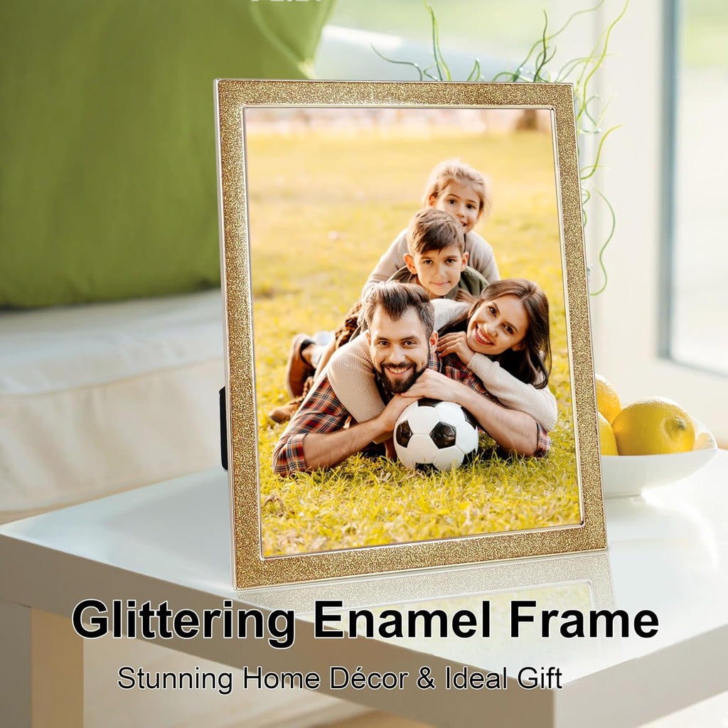 Enamel Picture Frames 8x10, 8 by 10 Gold Glittering Photo Frame with Real Glass & Velvet Back, Sparkling Metal frame for Tabletop or Wall, Amazing Weddings Graduation Gift & Wall Art Decor