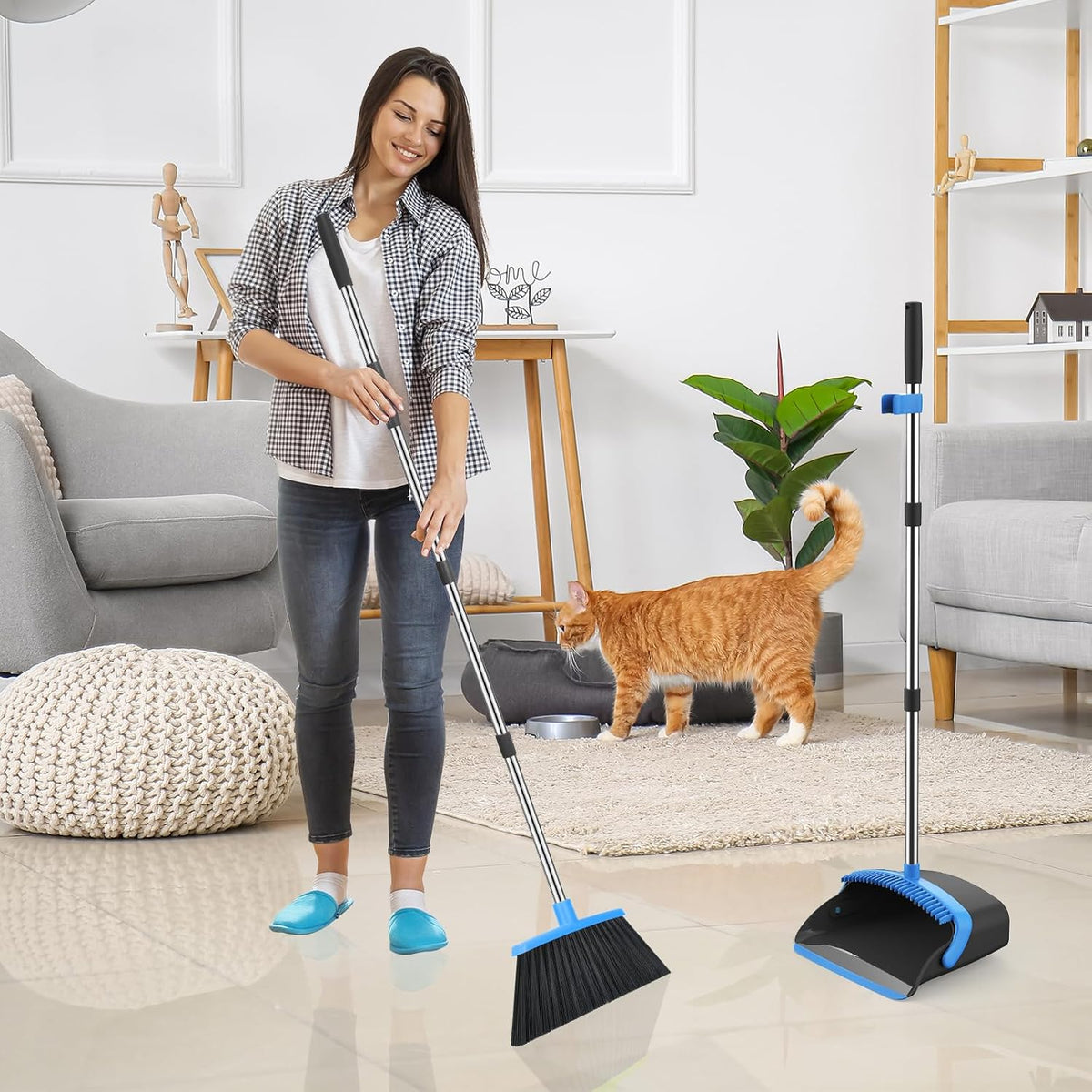 NACENA Broom and Dustpan Set with 52-in Long Adjustable Handle, Black Blue