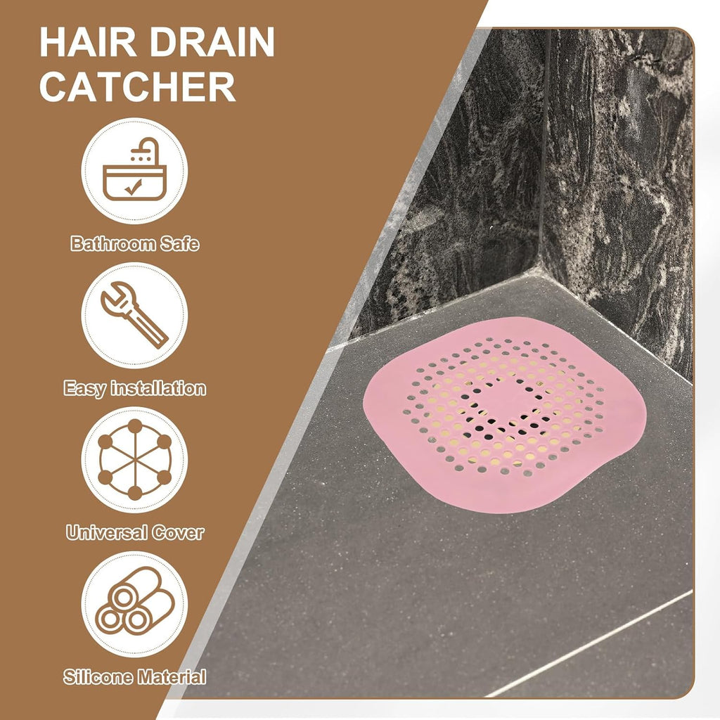 PATIKIL Hair Drain Catcher 5-1/2 Inch, 2 Pcs Silicone Square Drain Protector Hair Stopper with Suction Cup for Kitchen Bathroom Balcony Landscaped Walkways Patios, Pink