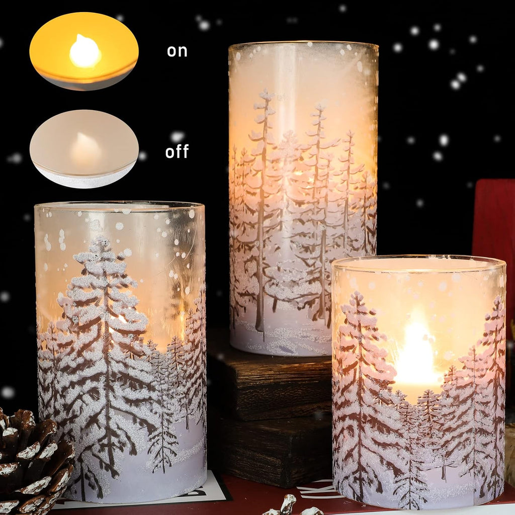 Christmas Tree Flameless Candles with Remote Control & Timer Function, Real Wax Glass Candles, Home Party Wedding Holiday Xmas Decor, Set of 3