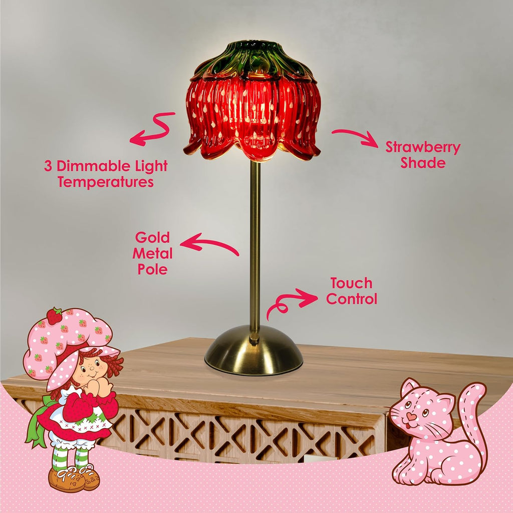 Strawberry Shortcake Touch Lamp- Red Glass Strawberry Shade, USB-C Rechargeable, 3 Dimmable Light Temperatures, LED Desk Lamp, Brush Brass Base & Pole, Cute Décor for Girls' Bedroom, Housewarming Gift