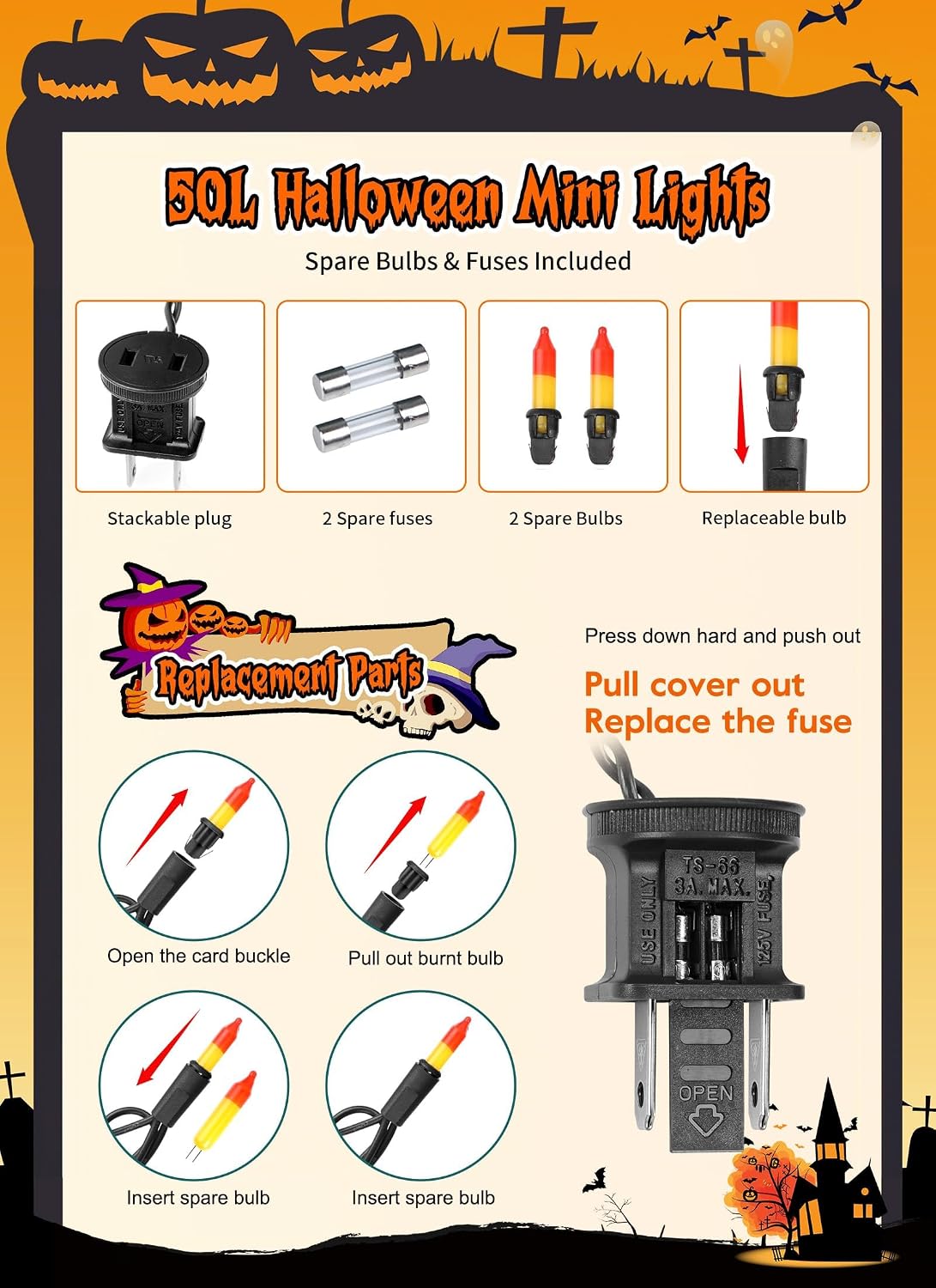 Brightown Orange Halloween Mini Lights, 50 Count 10 Feet Mini String Lights