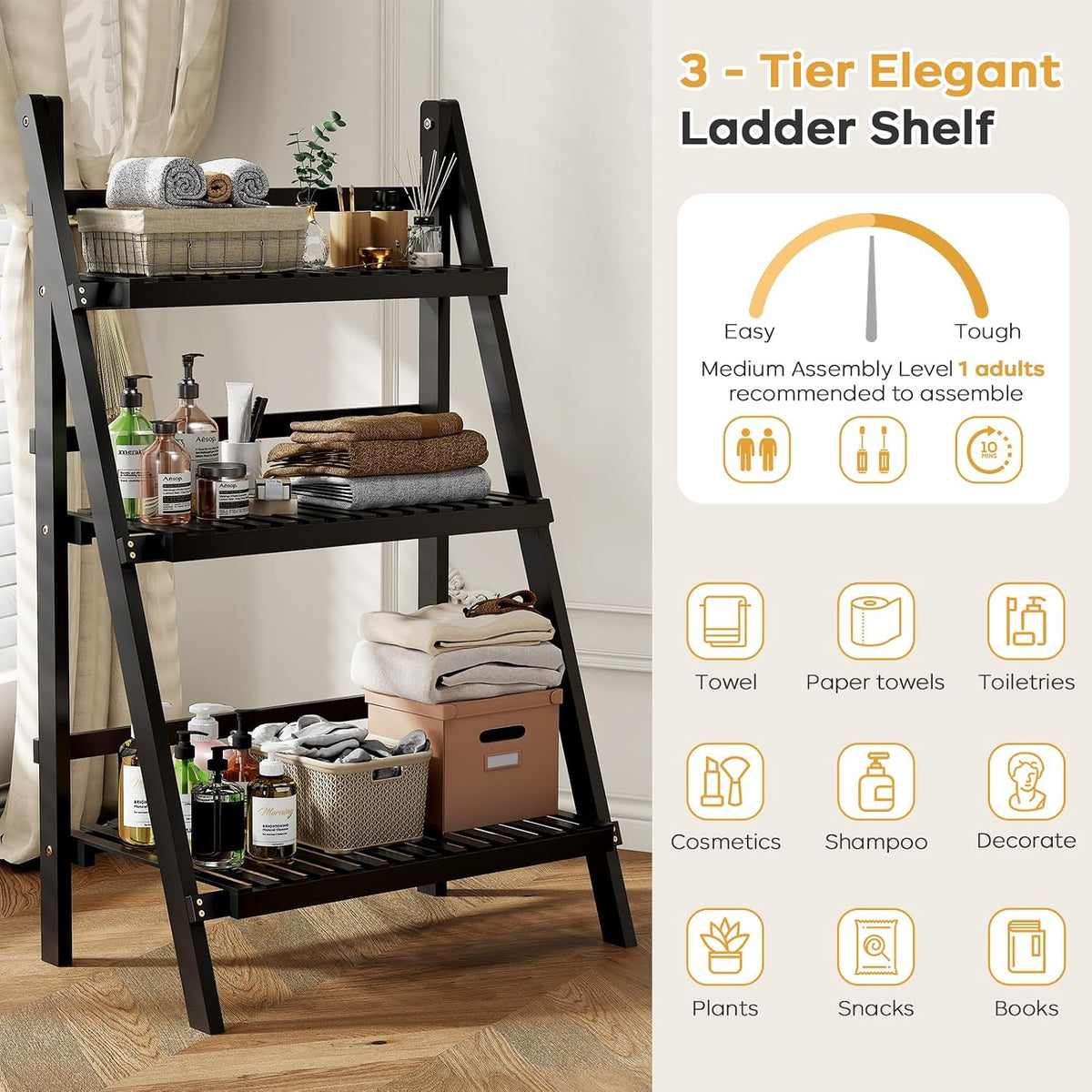39.4" Foldable Ladder Shelf Plant Shelf, 3 Tier Bamboo Ladder Bookshelf