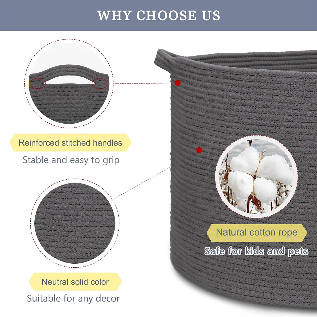 Cotton Rope Basket for Boys Kids, 87L Laundry Hamper, Dark Gray