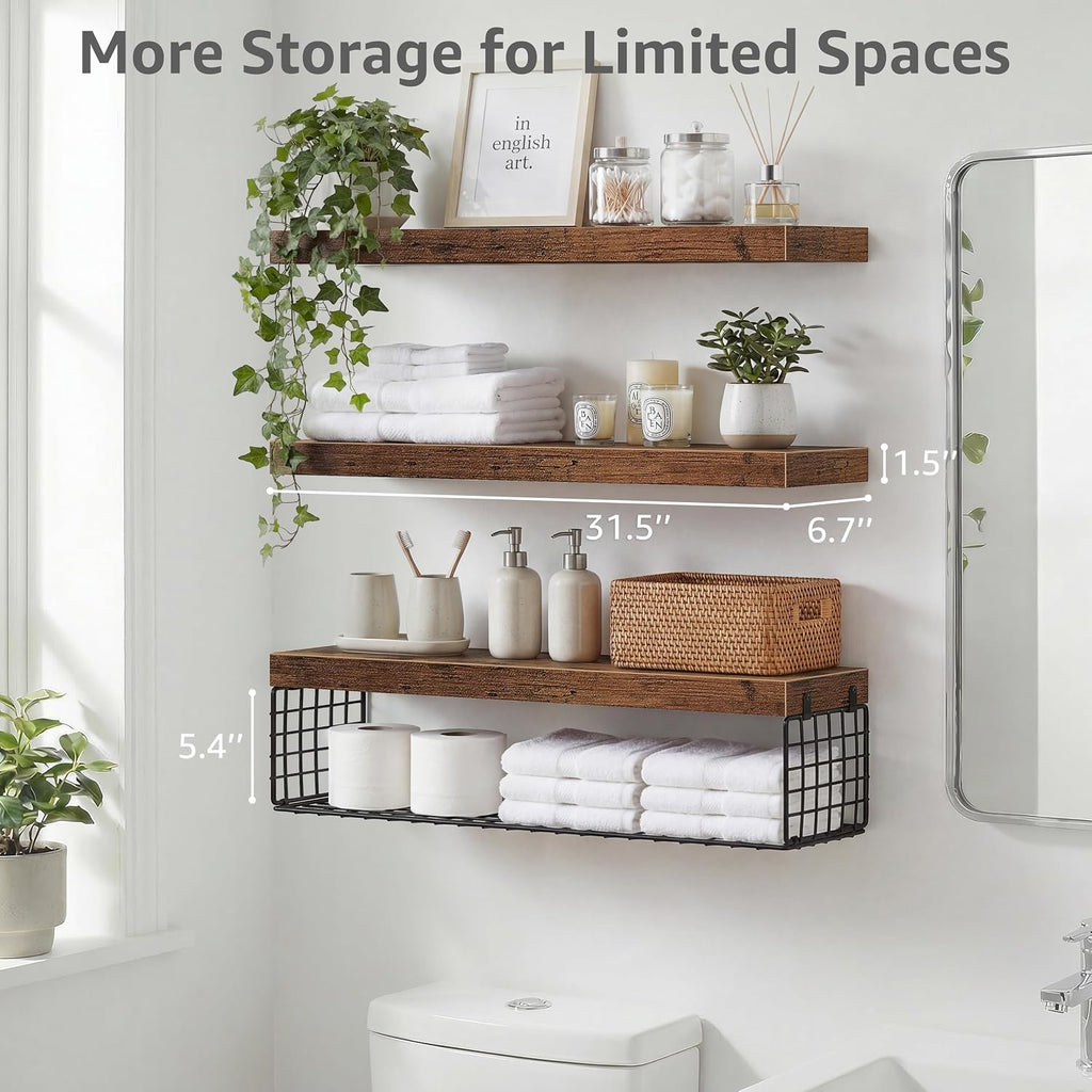 QEEIG Bathroom Shelves Over Toilet Wall Mounted (Brown, Set of 3, 31.5")