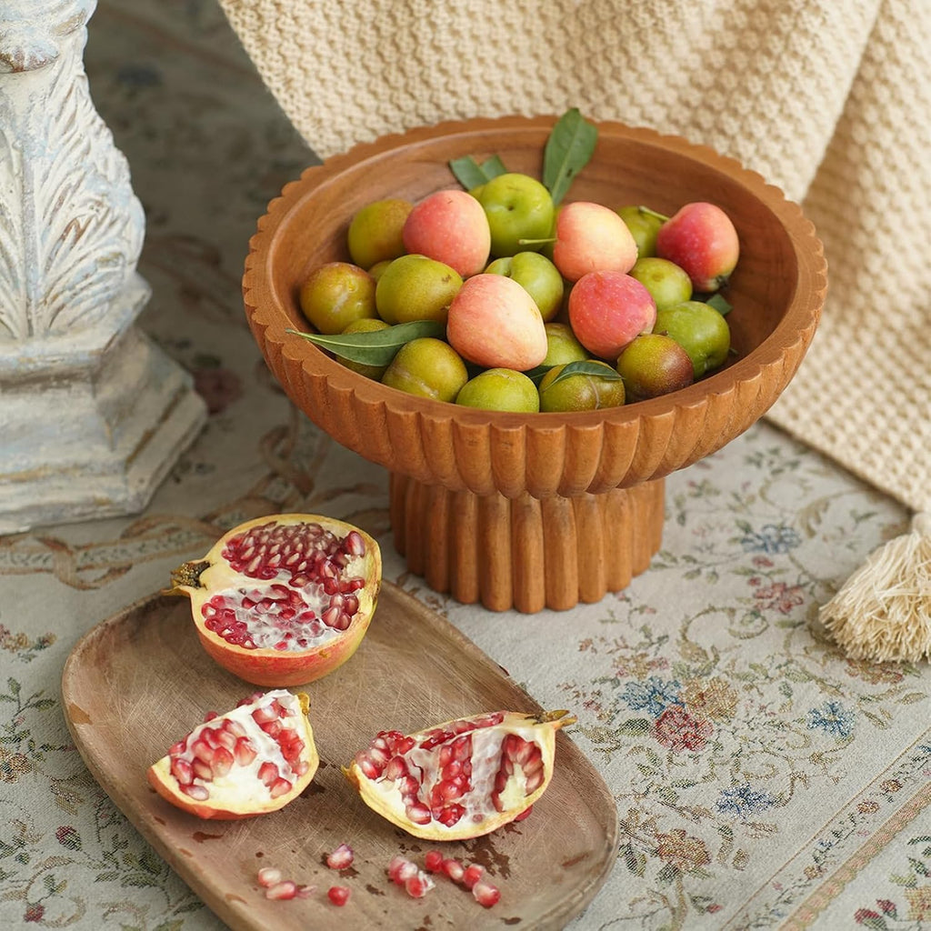 ChagoArt Wooden Fruit Bowl for Kitchen Counter- Large Decorative Bowl for Home Decor Entry Table-Ruffle Fluted Bowl-Scallopedl-Organic Modern Home Decor-Pedestal Footed (Wood Brown)