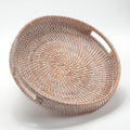 Round Rattan Serving Tray Decorative Woven Ottoman Trays with Handles for Coffee Table White (Small 11.8 inch x 2 inch)