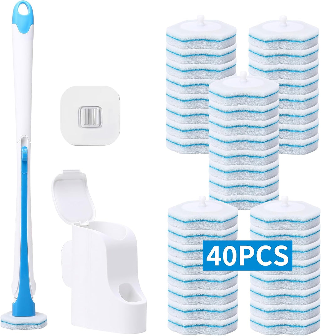 Disposable Toilet Brush with 40PCS Refills, Wall Mounted Compact Bathroom Bowl Wand Cleaning System Long Handle with Storage Caddy