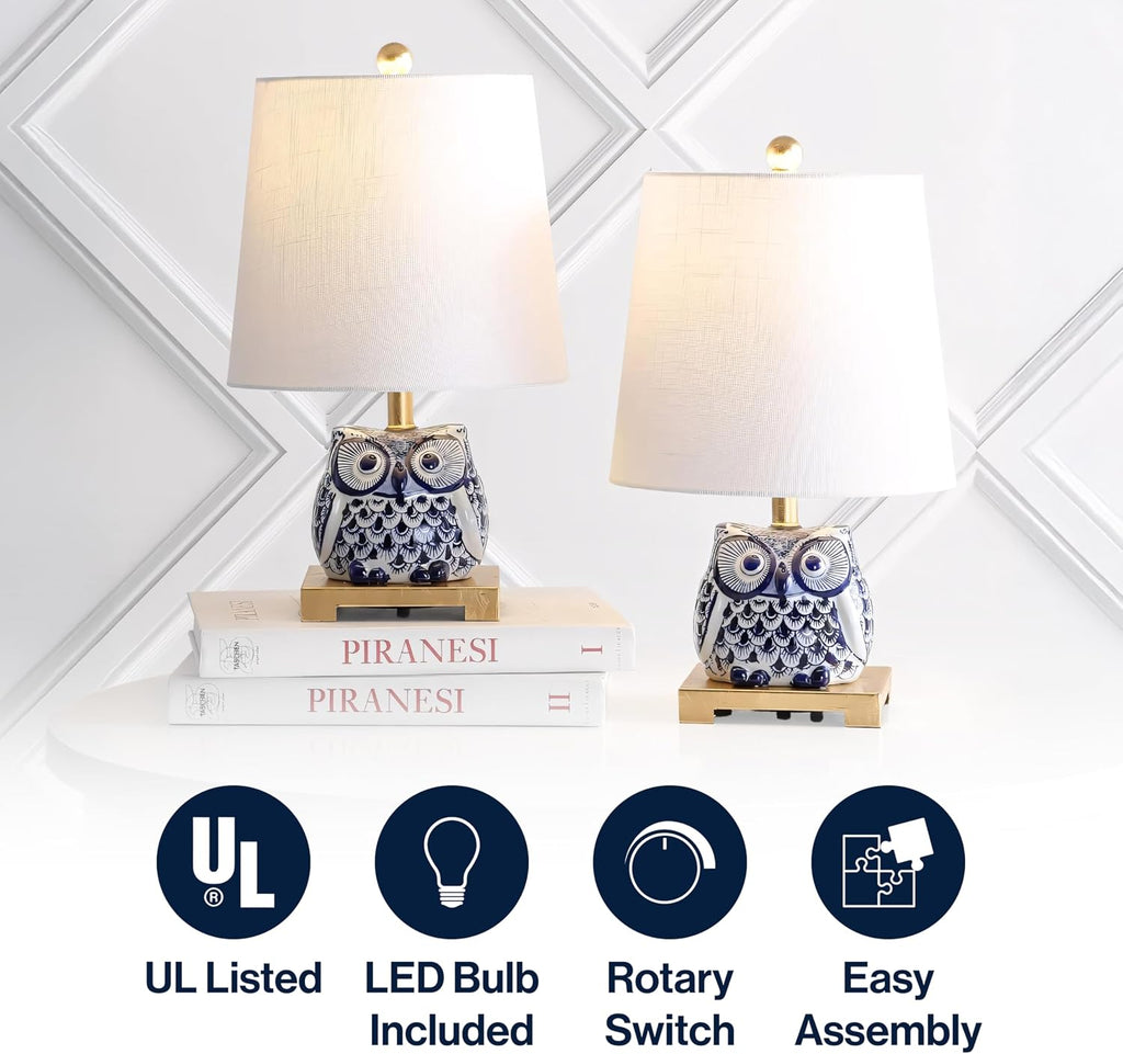 JONATHAN Y Justina Owl Mini Table Lamp 16" Ceramic, Blue/White, Set of 2