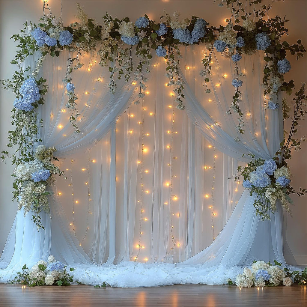 10x10ft Baby Blue Tulle Backdrop Curtain with Lights String Sheer Drapes for Baby Shower Decorations for Boy, Bridal Shower, Photo Booth, Birthday Party Decor(2 Panels)
