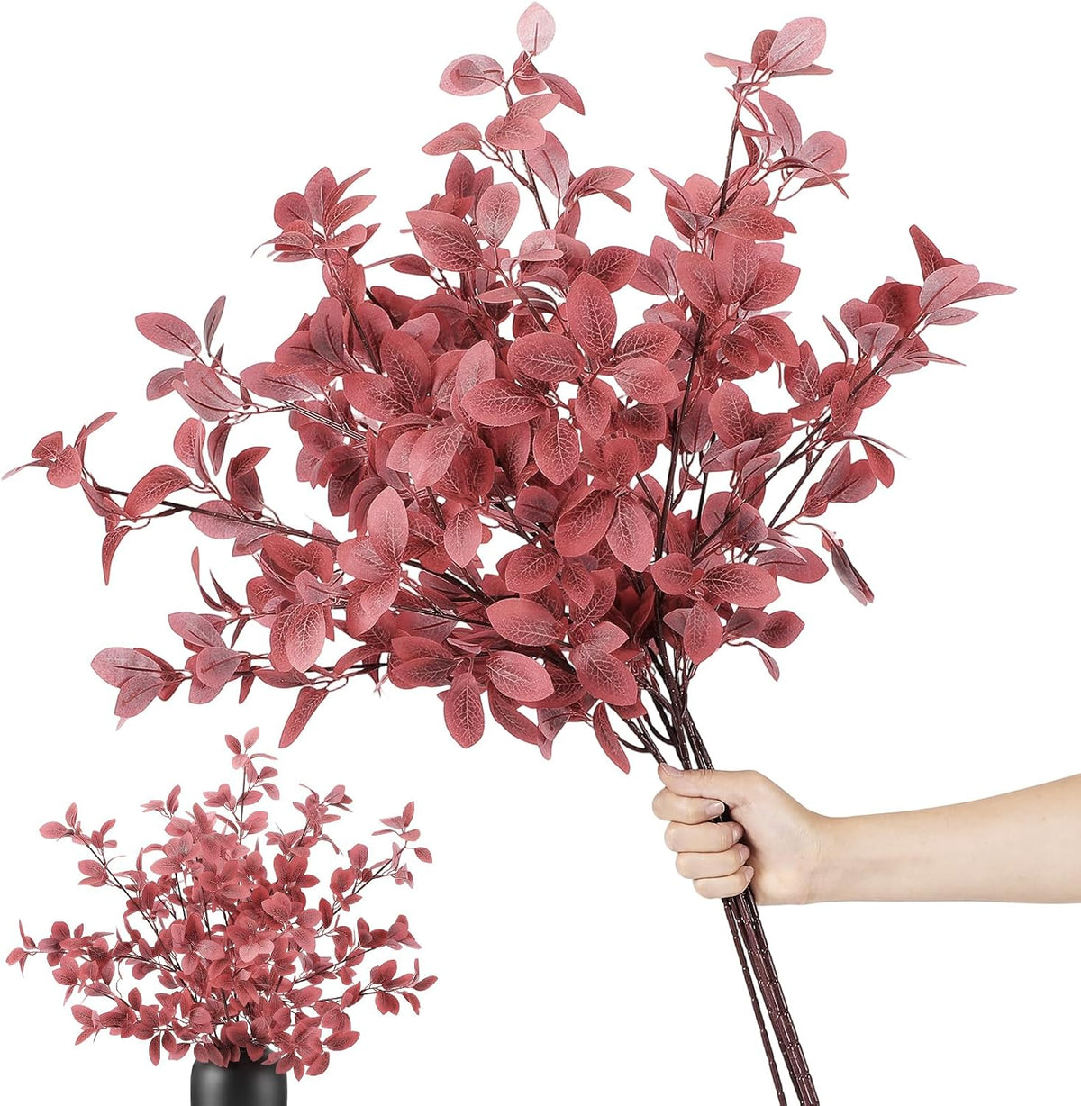 Janinka 5 Pcs Faux Fall Eucalyptus Stems for Vases Farmhouse, Red