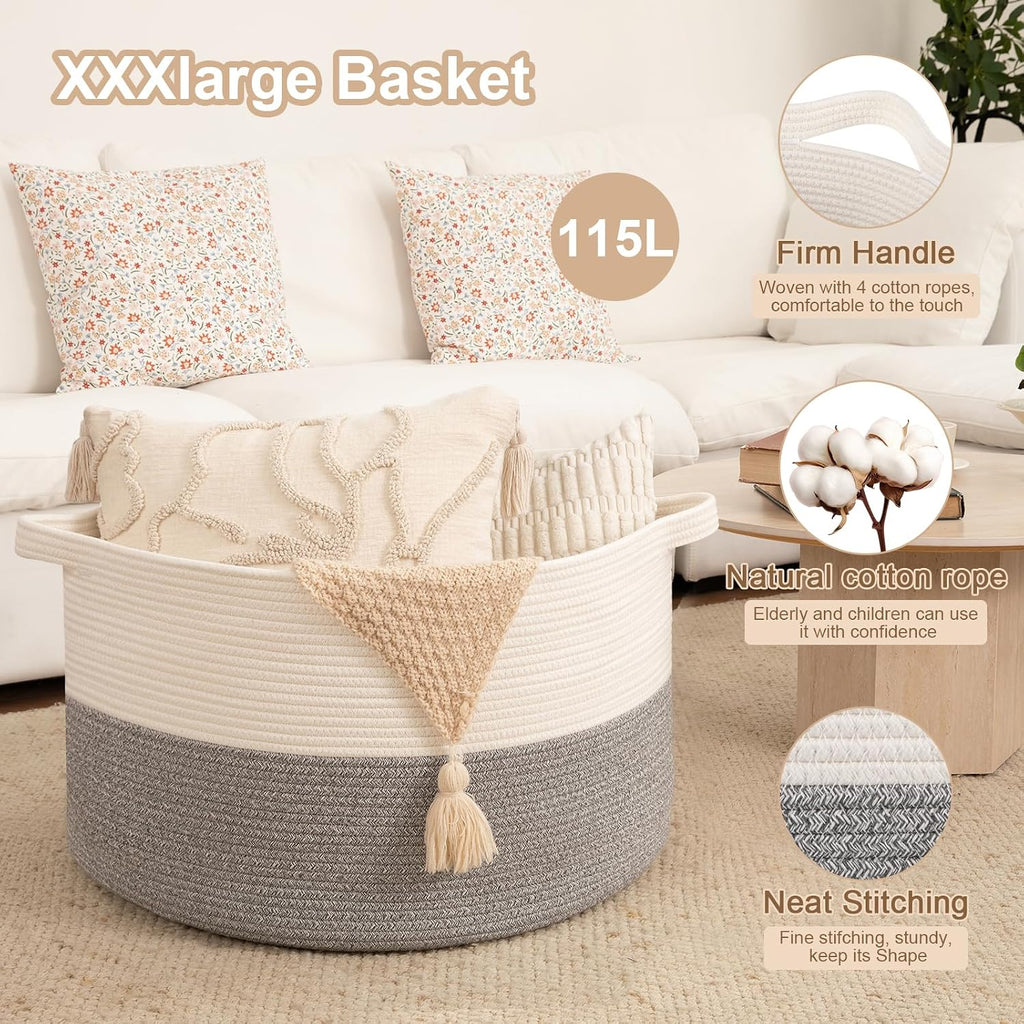 OIAHOMY 115L Extra Large Blanket Basket Living Room Laundry Basket Grey