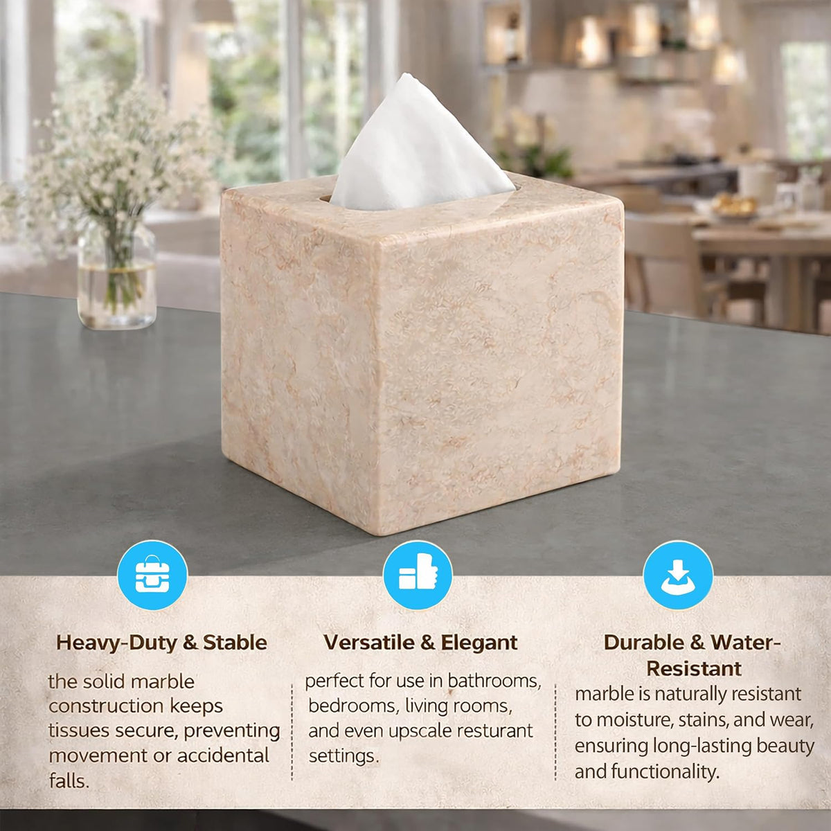 Creative Home Natural Marble Tissue Box Cover, Square Beige Tissue Holder