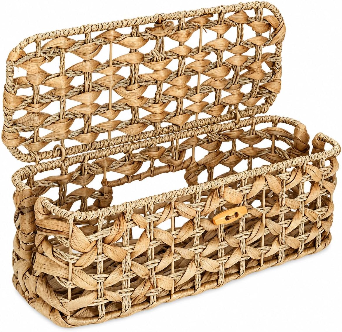 Handwoven Cable Management Box with Lid, Decorative Cord Organizer Basket for Power Strip, Charger, Router and USB Hub, Rectangular Cable Hider for Home Office Desk Shelf